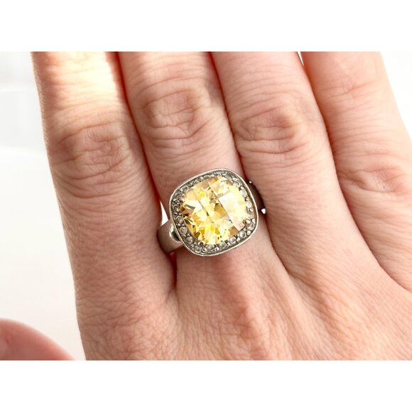 Citrine Cushion Cut Semi-Precious Halo 925 Sterling Silver Vintage Ring - sz 8 - Picture 12 of 13